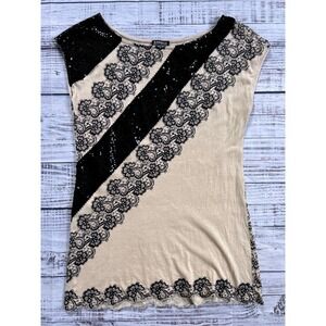 Express Sequin Lace Print Cotton Top Y2K Women XS Tan Black Sleeveless Boat Neck